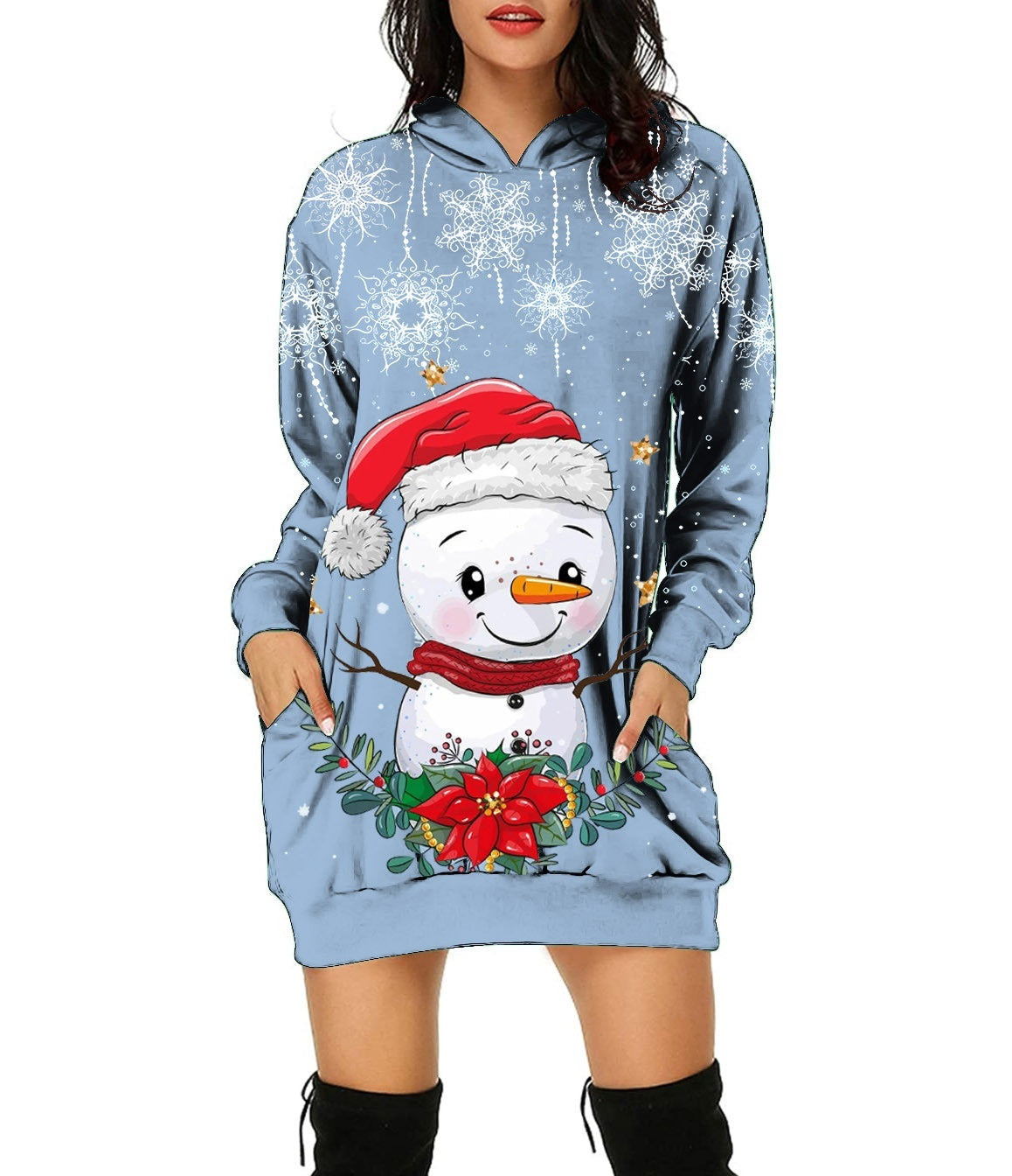 Women's Long-sleeved Sweater Dress Autumn New Christmas Print Hooded Skirt