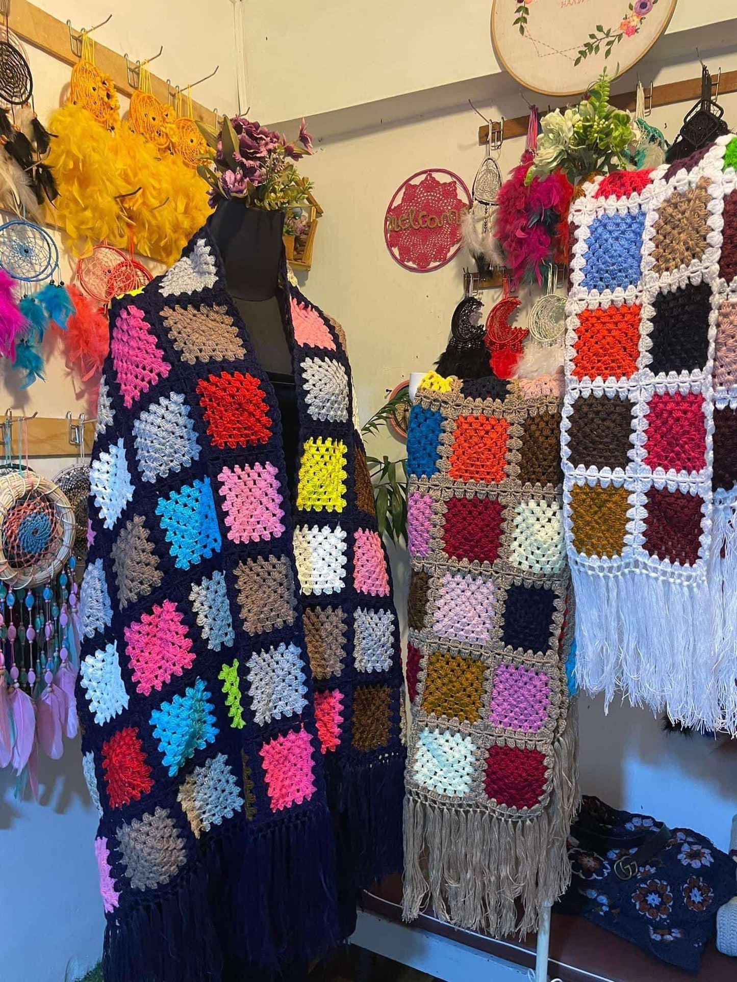 Colorful Crochet Patchwork Scarf with Fringe - Bohemian Knit Scarf