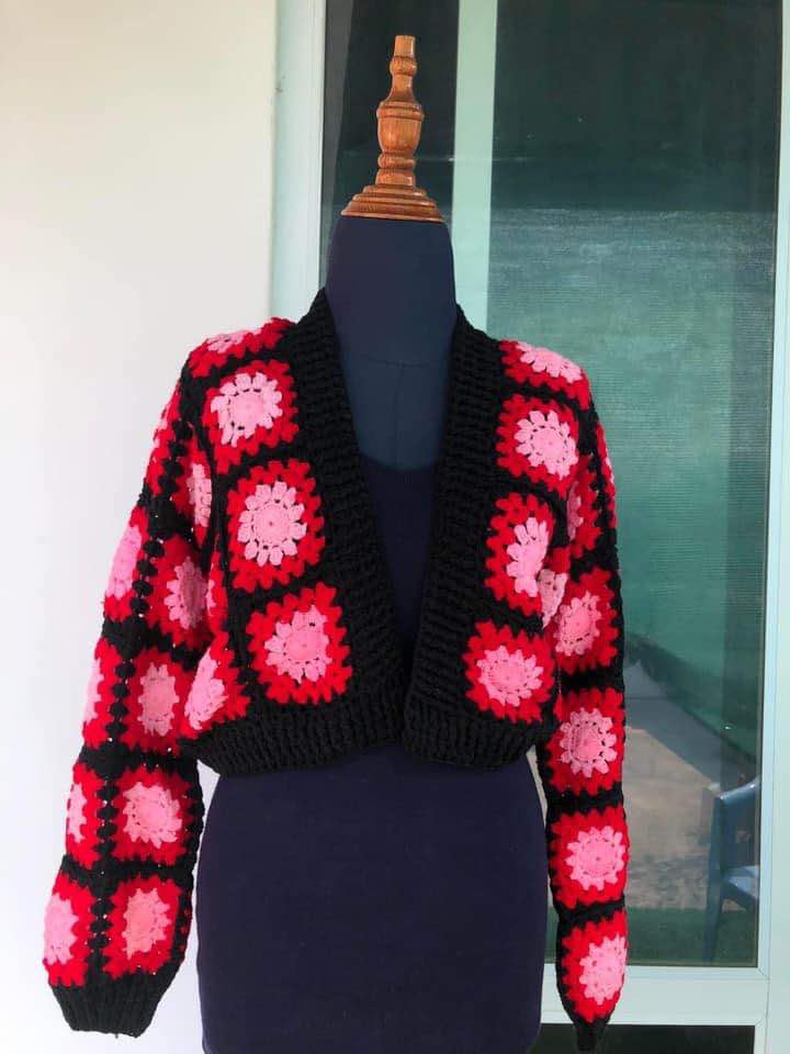 Black & Pink Granny Square Crochet Cardigan - Handmade Retro Knit Jacket