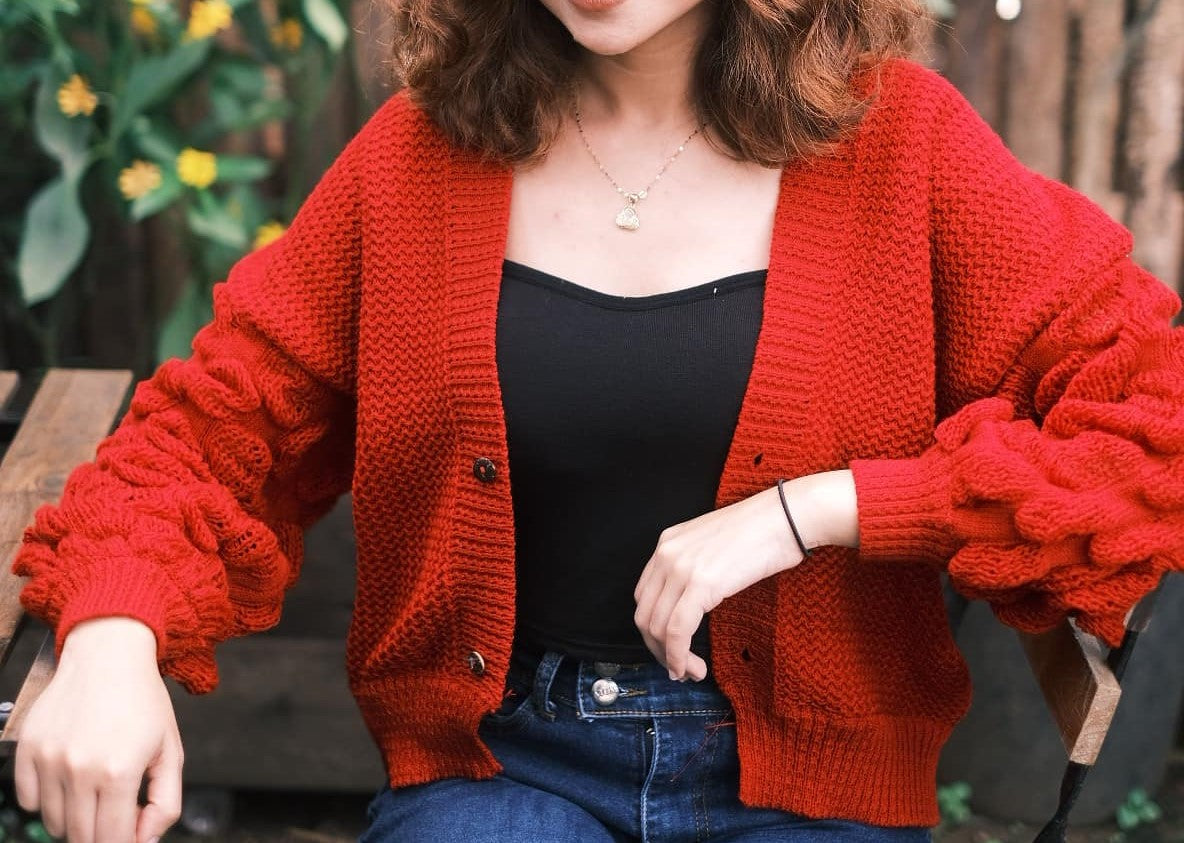 Red Textured Knit Cardigan - Bubble Sleeve Button-Up Sweater