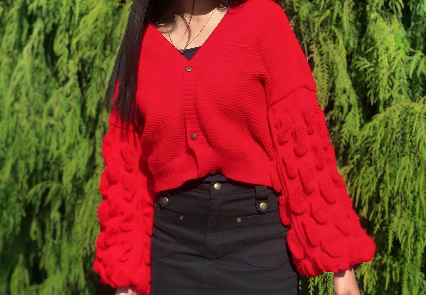 Red Textured Knit Cardigan - Bubble Sleeve Button-Up Sweater