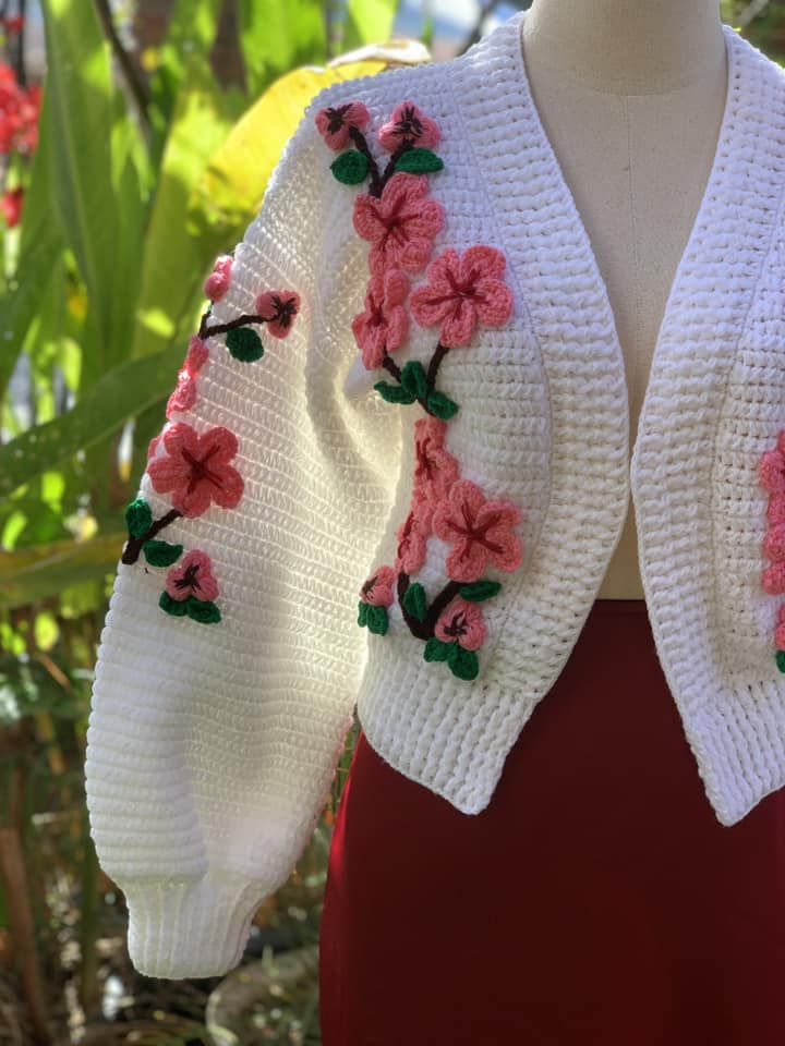 White Knit Cardigan with Pink Cherry Blossom Embroidery - Floral Sweater