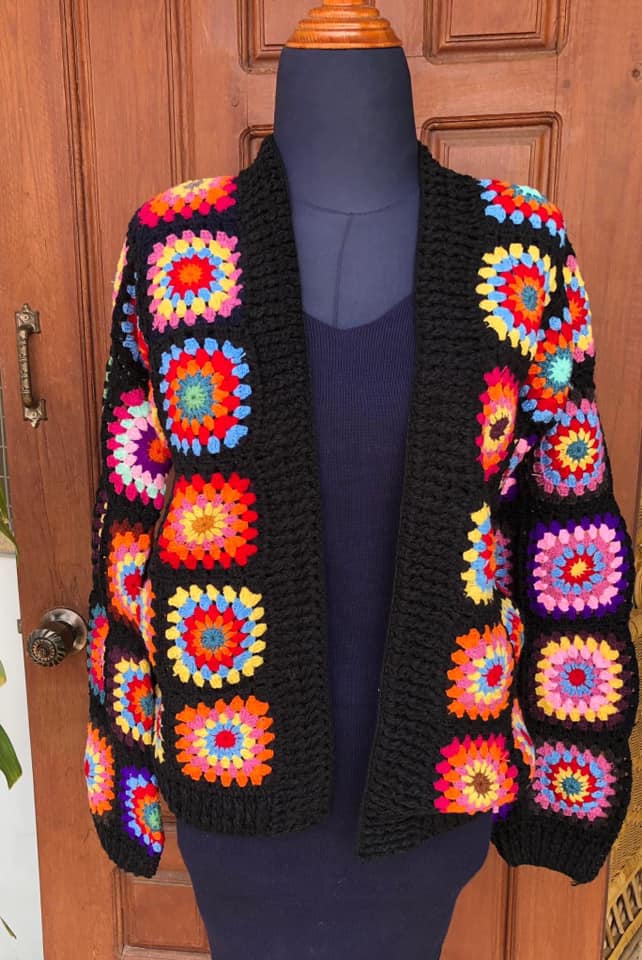 Colorful Granny Square Crochet Cardigan - Bohemian Patchwork Knit Jacket