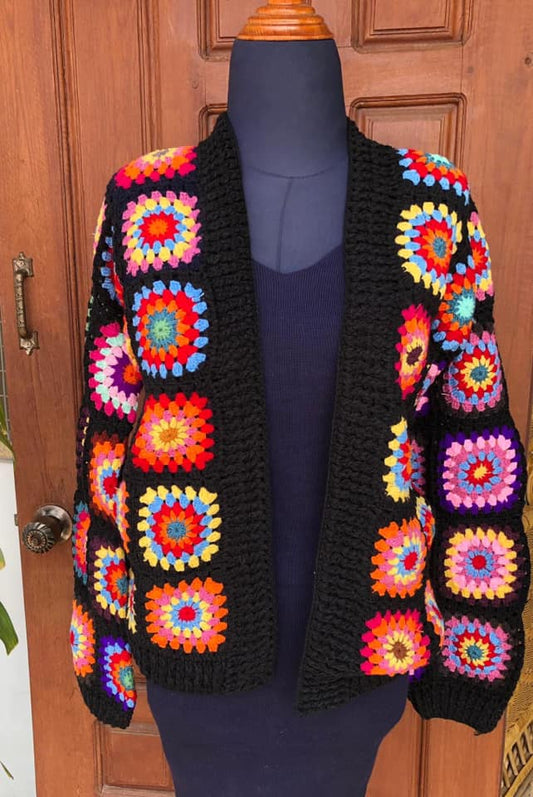 Colorful Granny Square Crochet Cardigan - Bohemian Patchwork Knit Jacket