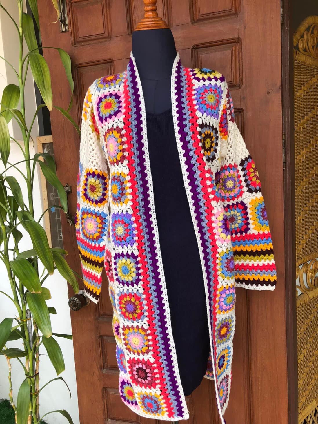 Long Colorful Granny Square Crochet Cardigan - Bohemian Knit Coat
