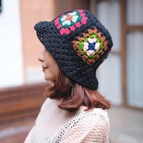 Beige Granny Square Crochet Bucket Hat - Pastel Patchwork Boho Hat