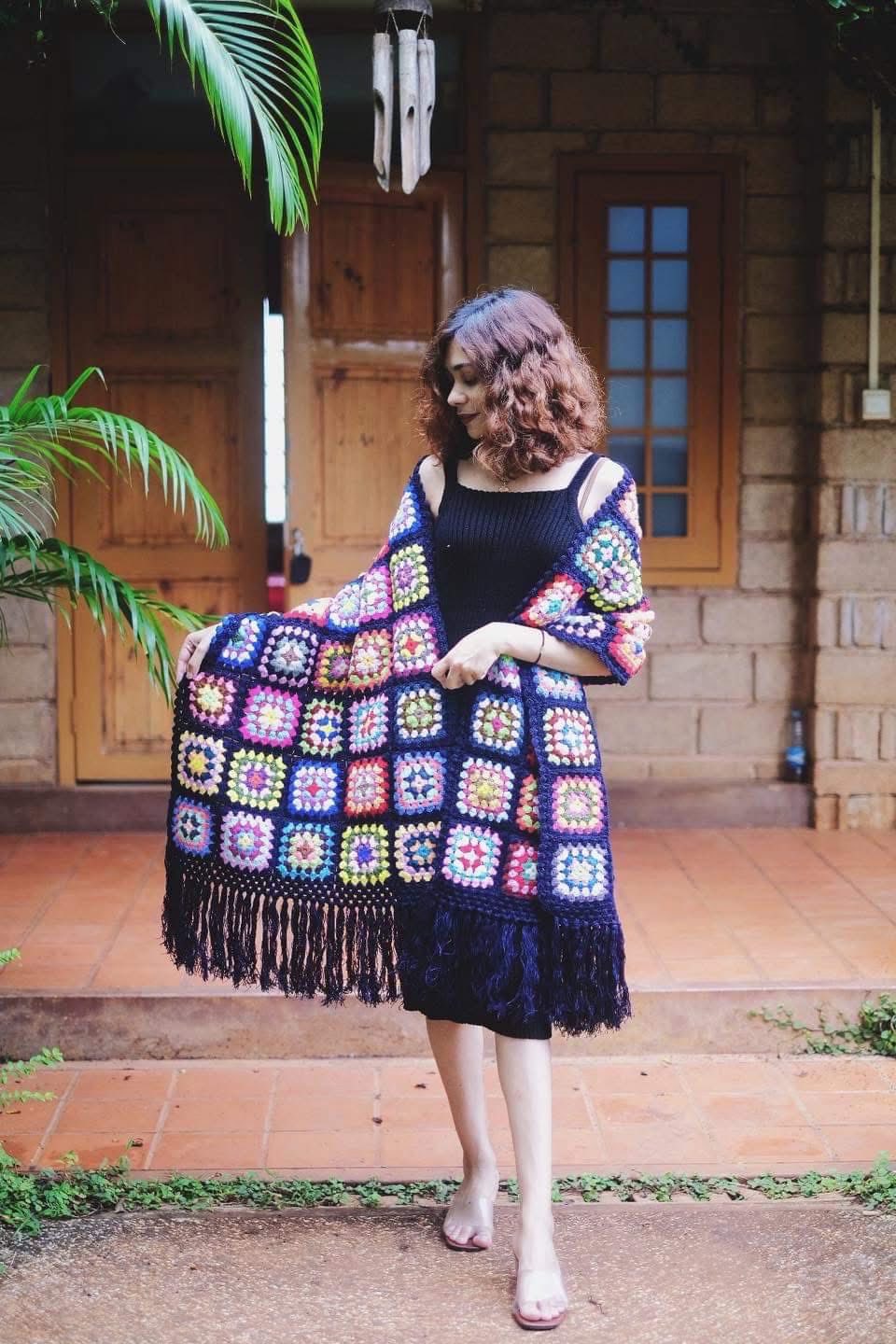 Black Granny Square Crochet Scarf with Colorful Centers & Fringe