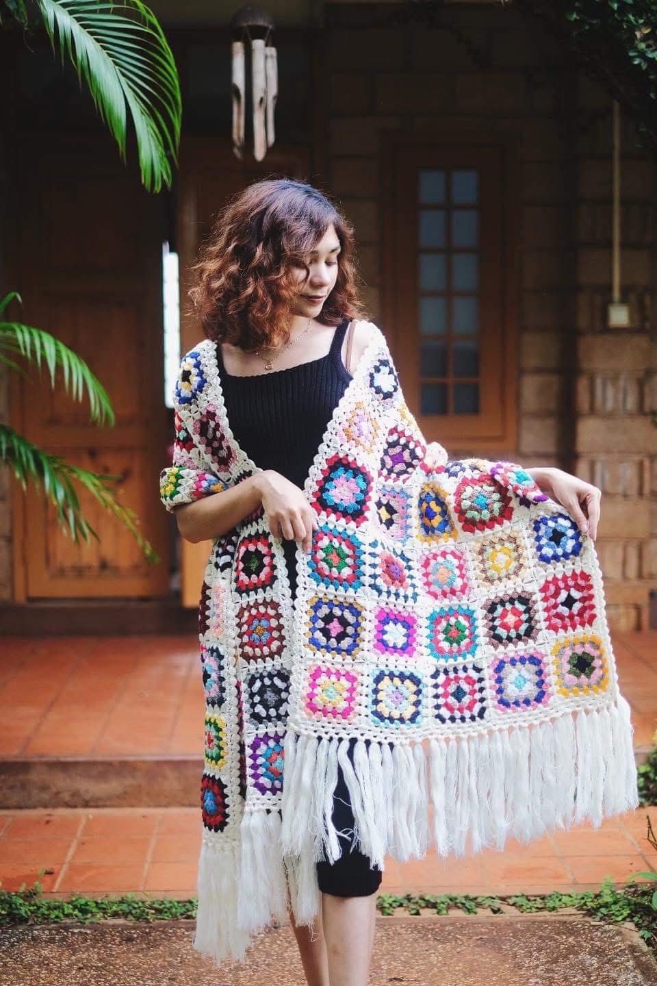 Colorful Granny Square Crochet Scarf with White Fringe - Bohemian Knit Scarf