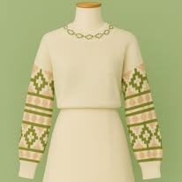 Cream Knit Sweater with Geometric Patterned Sleeves and Collar