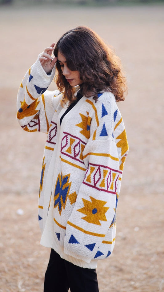 Cream Knit Cardigan with Southwestern Geometric Pattern