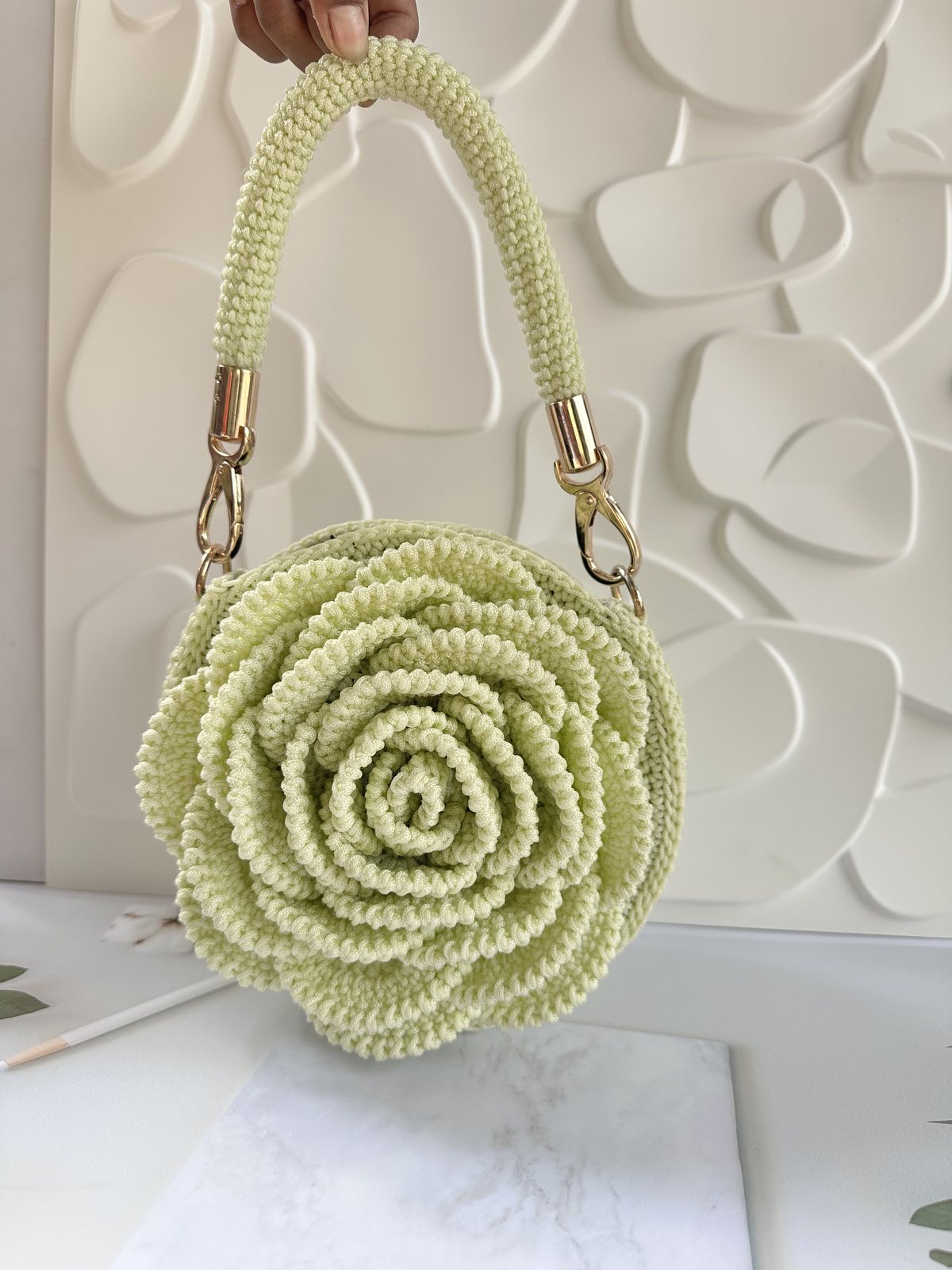 Handmade 3D Green Rose Crochet Handbag - Unique Floral Artisan Purse