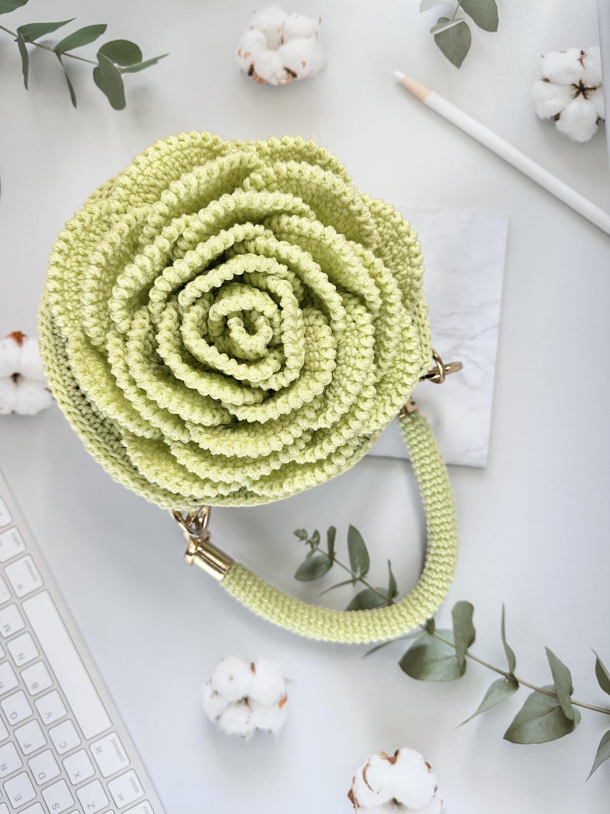 Handmade 3D Green Rose Crochet Handbag - Unique Floral Artisan Purse