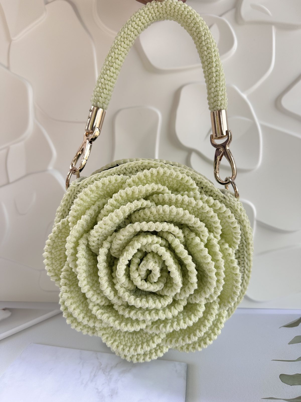Handmade 3D Green Rose Crochet Handbag - Unique Floral Artisan Purse
