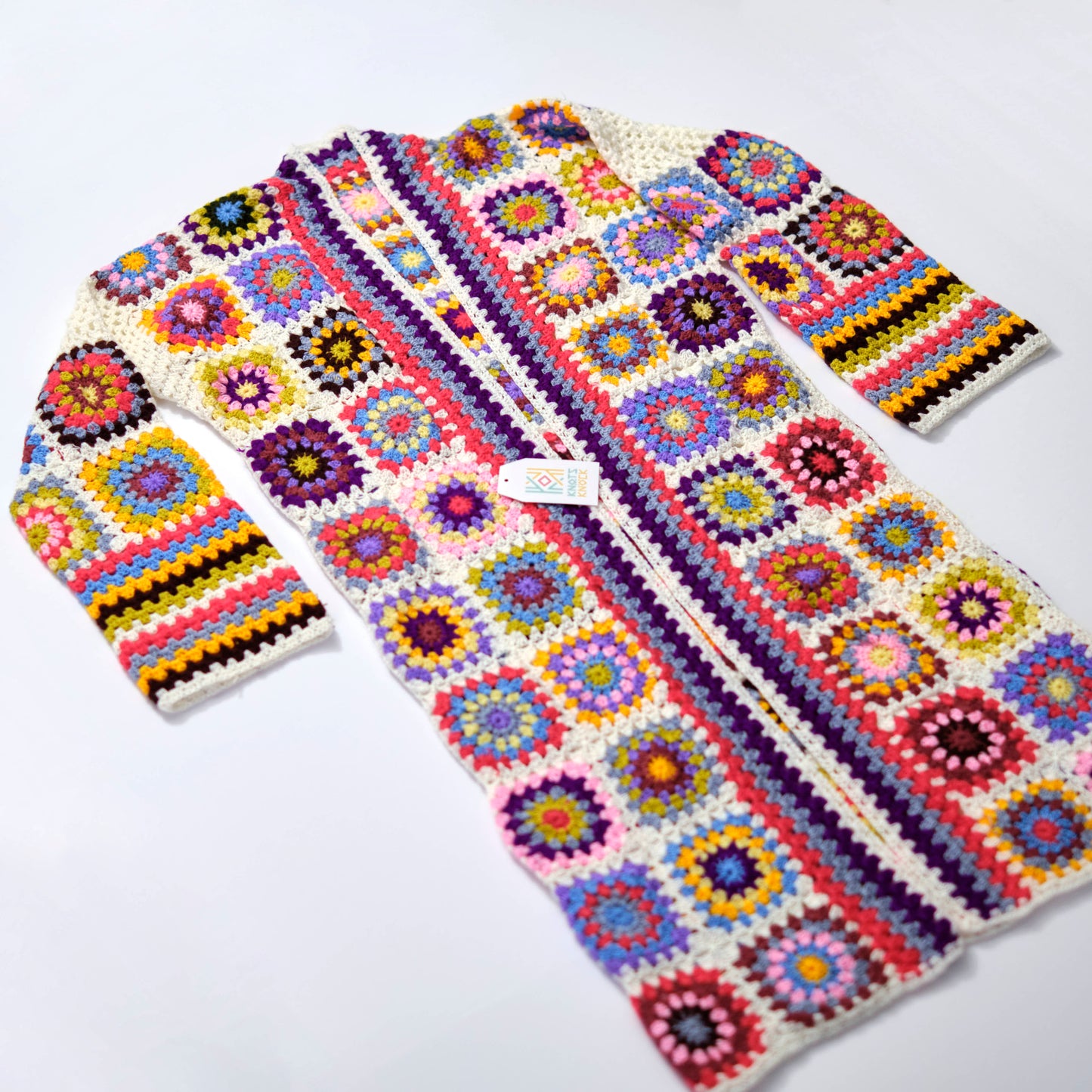 Long Colorful Granny Square Crochet Cardigan - Bohemian Knit Coat