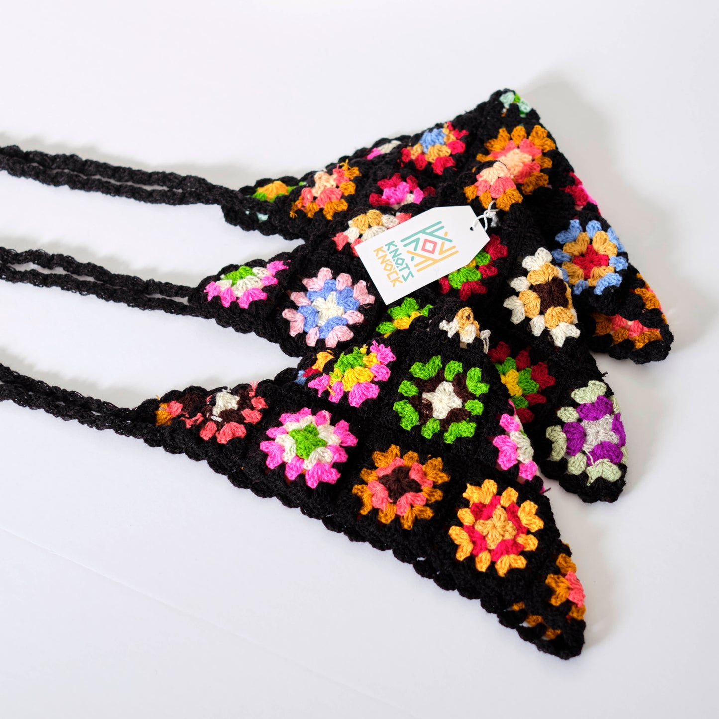 Black Granny Square Crochet Hair Bandana - Colorful Bohemian Head Scarf