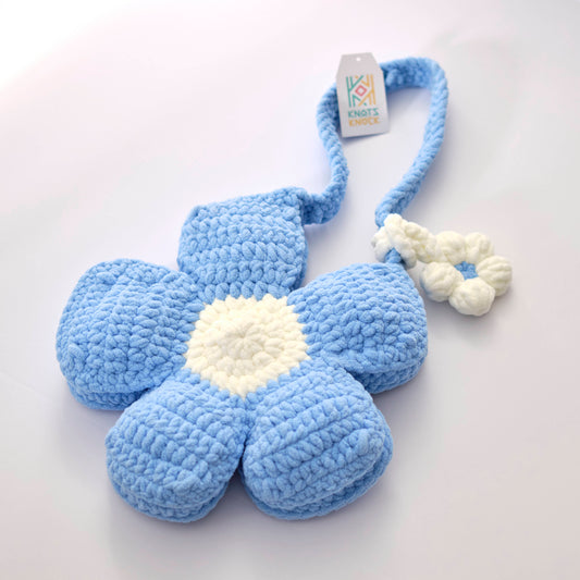Chunky Knit Flower Tote Bag - Handknit Chenille Boho Purse