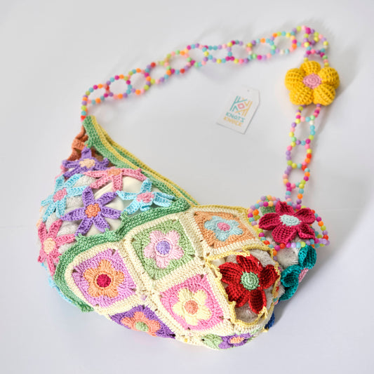 Handmade Colorful Crochet Shoulder Bag – Rainbow Granny Square Boho Bag with Beaded Strap