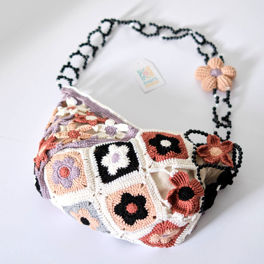 Handmade Crochet Granny Square Shoulder Bag – Boho Floral Pattern with Beaded Strap