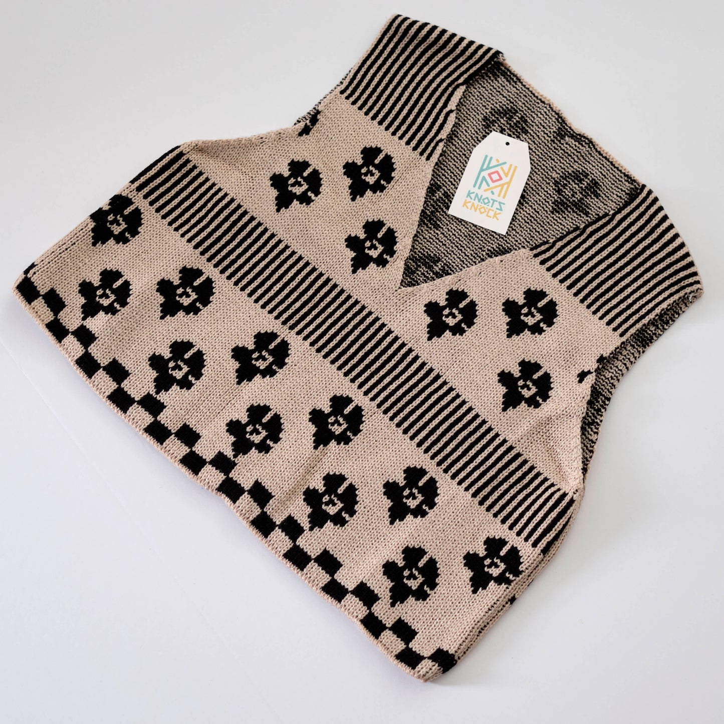 Patterned Knit Poncho - Beige & Black Geometric Design Sweater Cape