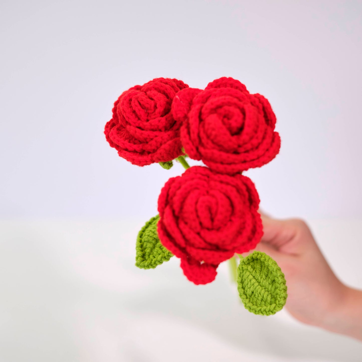 Crochet Red Rose Stem - Handmade Knit Flower Decoration