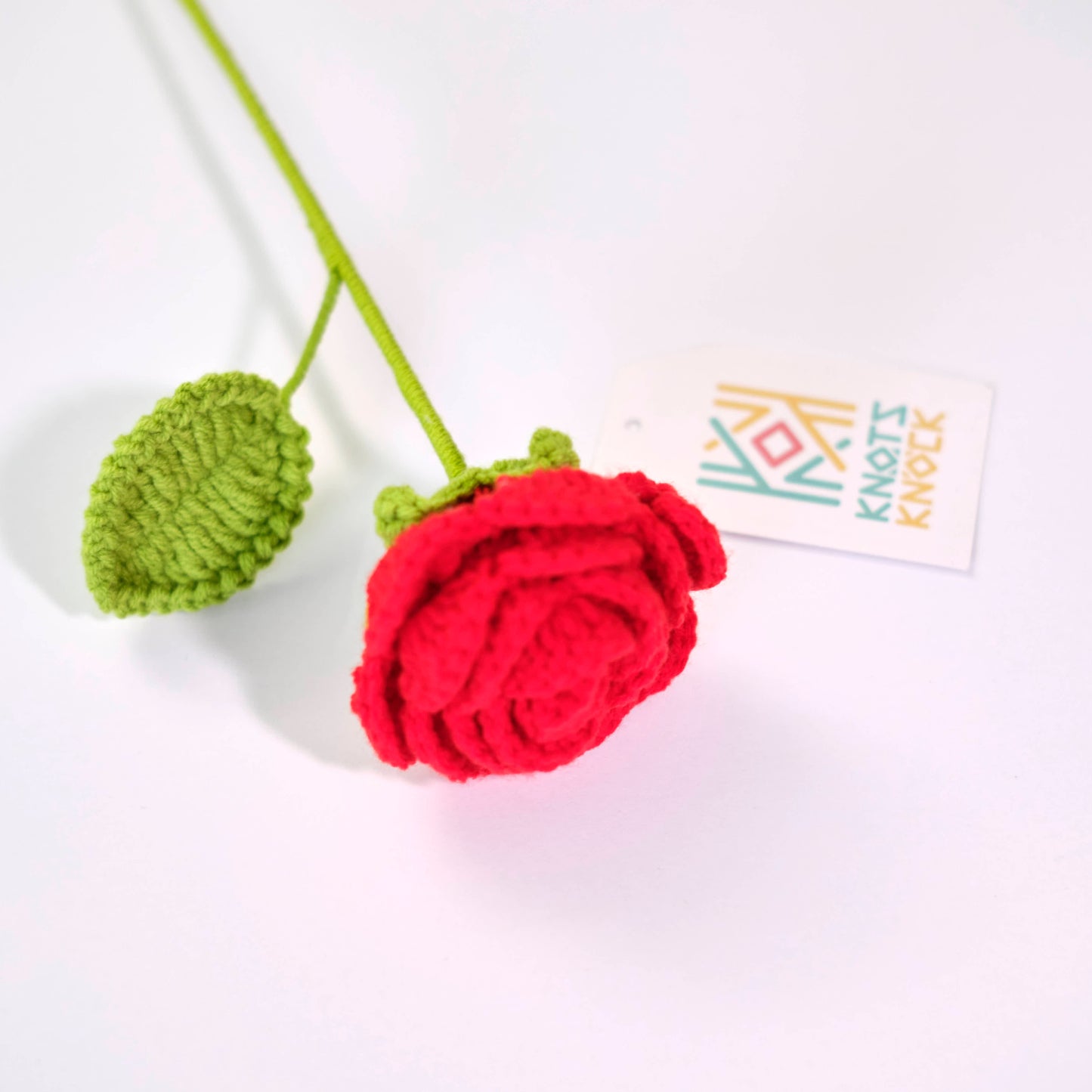Crochet Red Rose Stem - Handmade Knit Flower Decoration