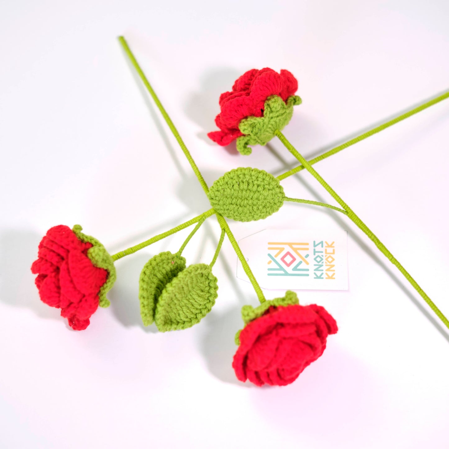 Crochet Red Rose Stem - Handmade Knit Flower Decoration