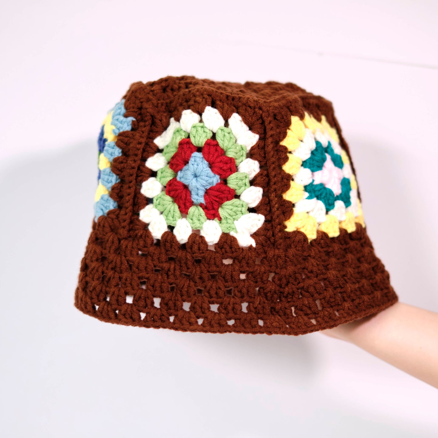 Brown Granny Square Crochet Bucket Hat - Colorful Patchwork Boho Hat