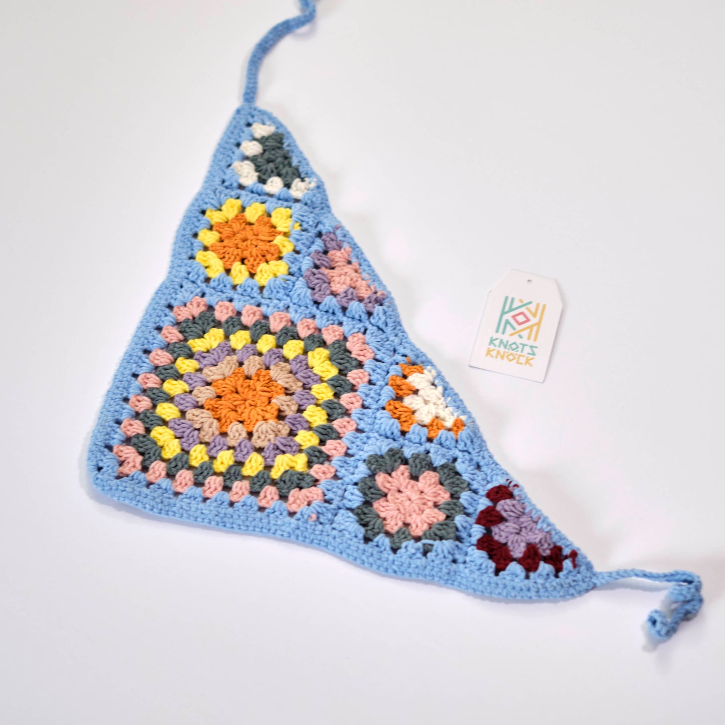 Black Granny Square Crochet Hair Bandana - Colorful Bohemian Head Scarf