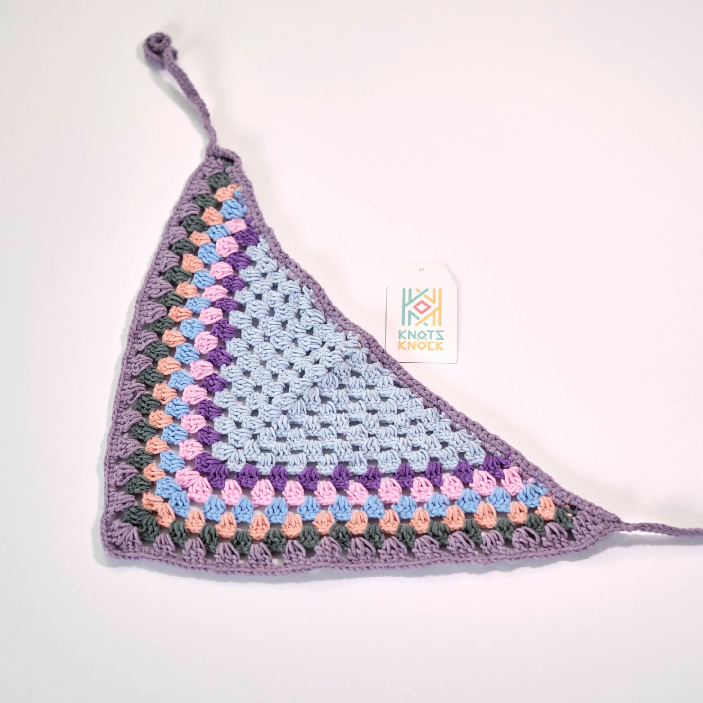 Black Granny Square Crochet Hair Bandana - Colorful Bohemian Head Scarf