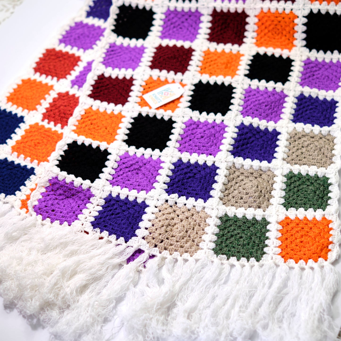Colorful Crochet Patchwork Scarf with Fringe - Bohemian Knit Scarf