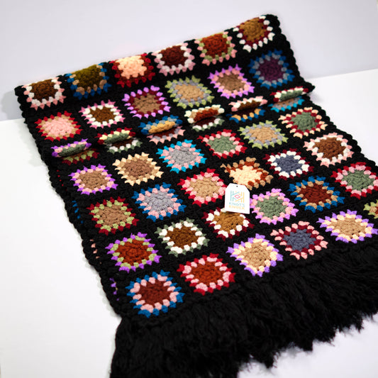 Black Granny Square Crochet Scarf with Colorful Centers & Fringe
