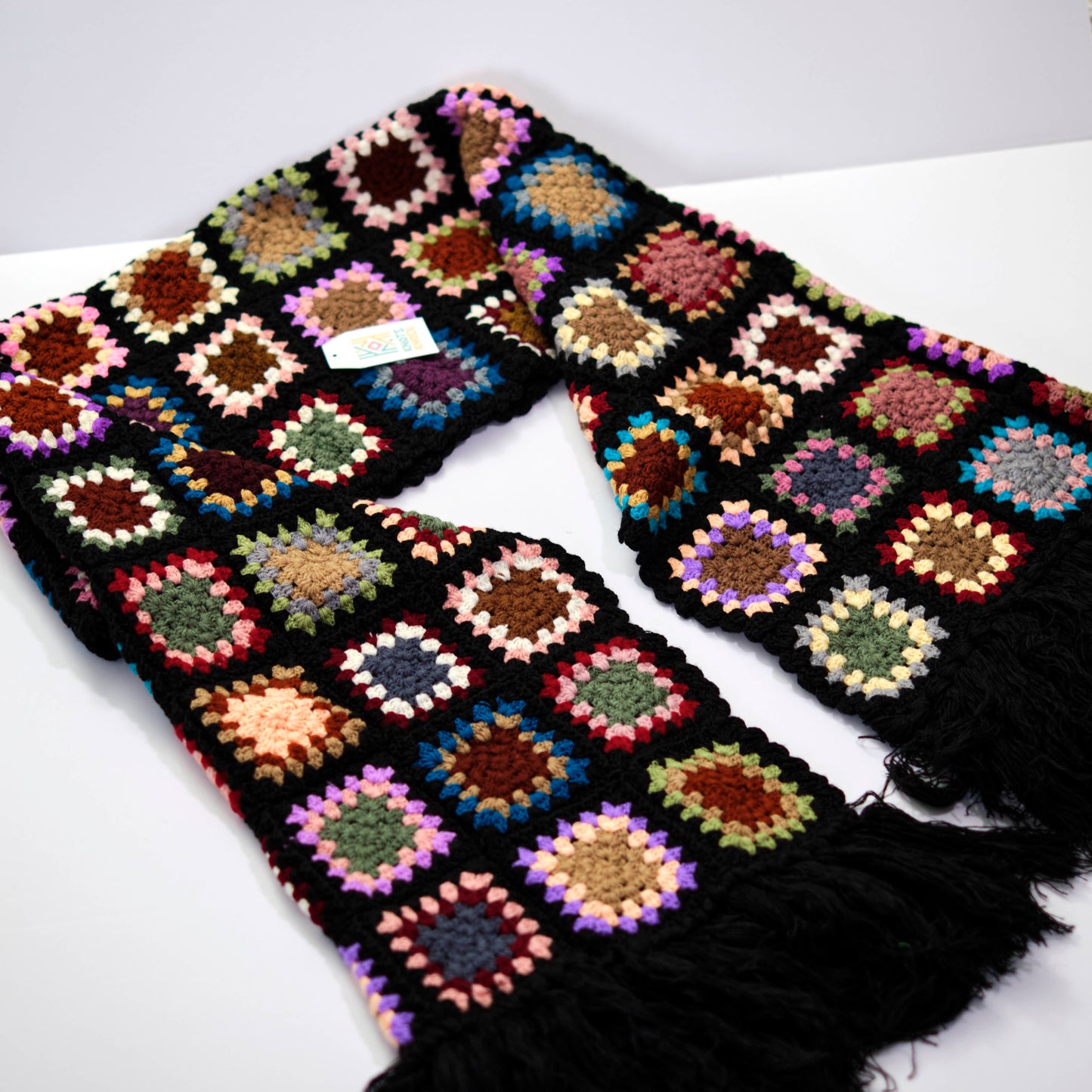 Black Granny Square Crochet Scarf with Colorful Centers & Fringe