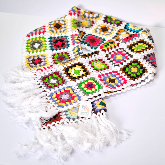 Colorful Granny Square Crochet Scarf with White Fringe - Bohemian Knit Scarf