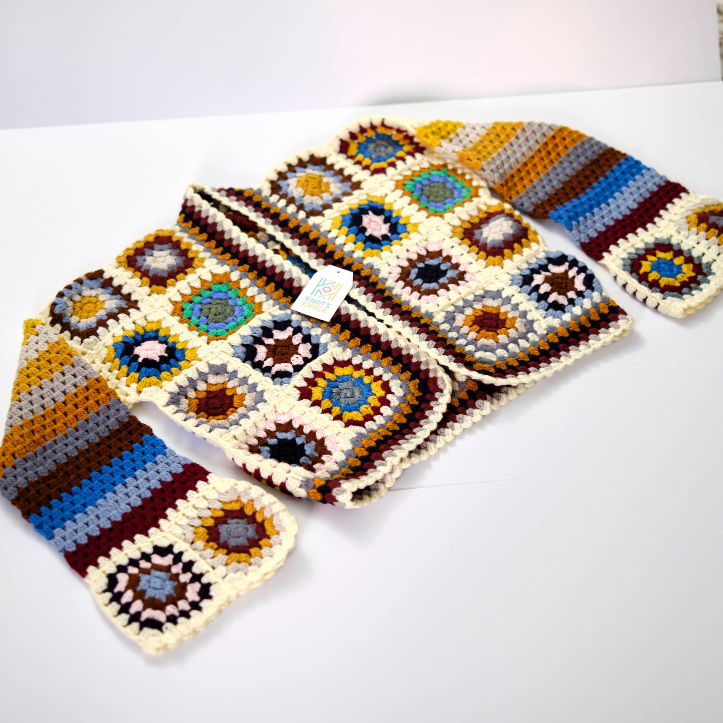 Neutral Tones Granny Square Crochet Cardigan - Earthy Bohemian Knit Jacket