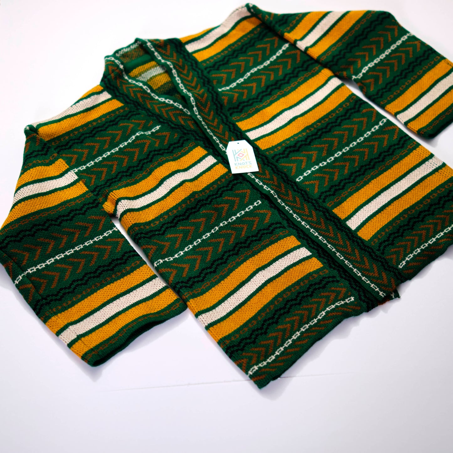 Striped Knit Cardigan - Green, Yellow & White Patterned Open Front Jacket