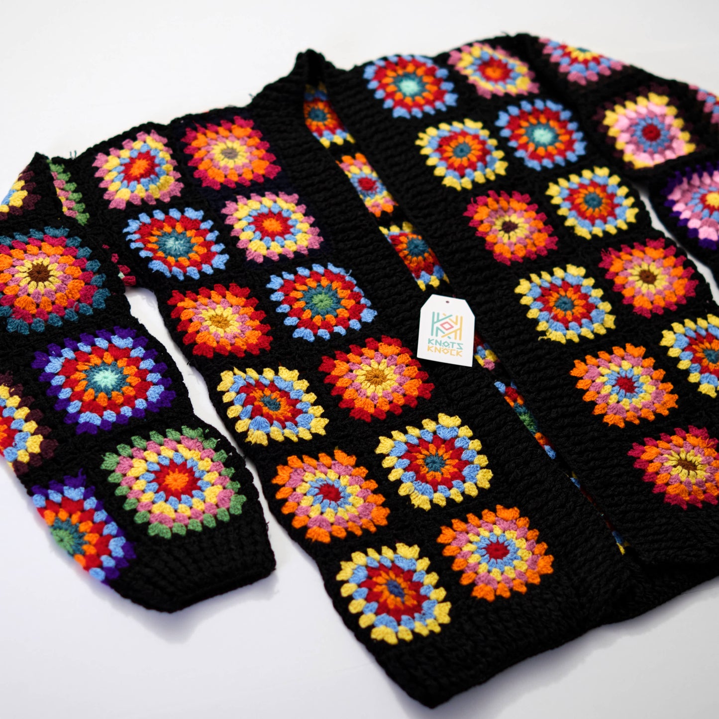 Colorful Granny Square Crochet Cardigan - Bohemian Patchwork Knit Jacket
