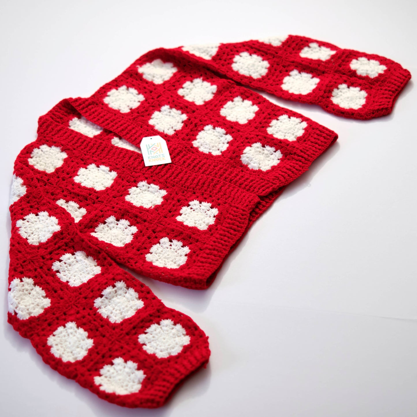 Red & White Granny Square Crochet Baby Jacket - Handmade Knit Cardigan