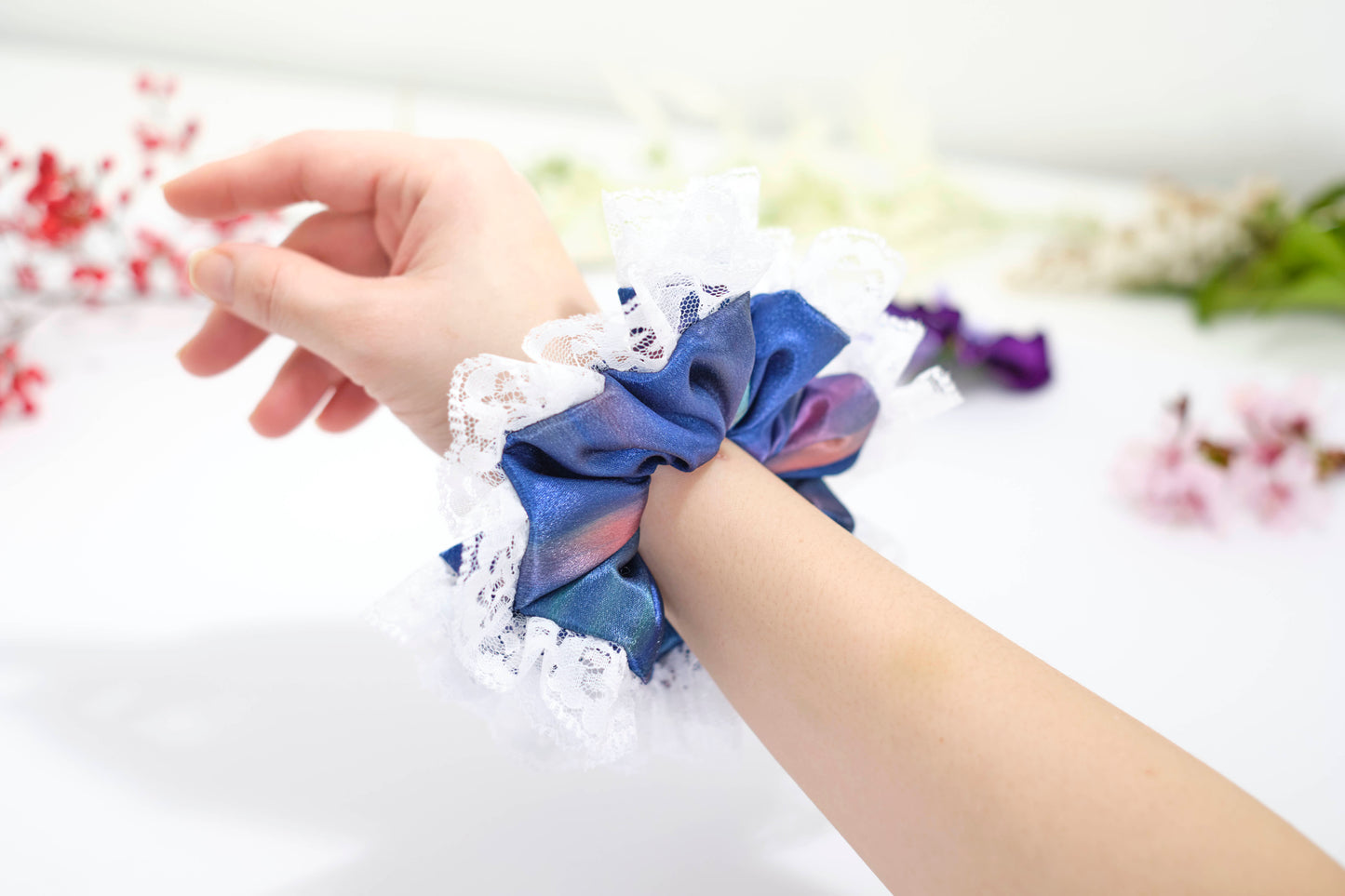 Iridescent Blue & Purple Scrunchie with White Lace Trim - Holographic Hair Tie