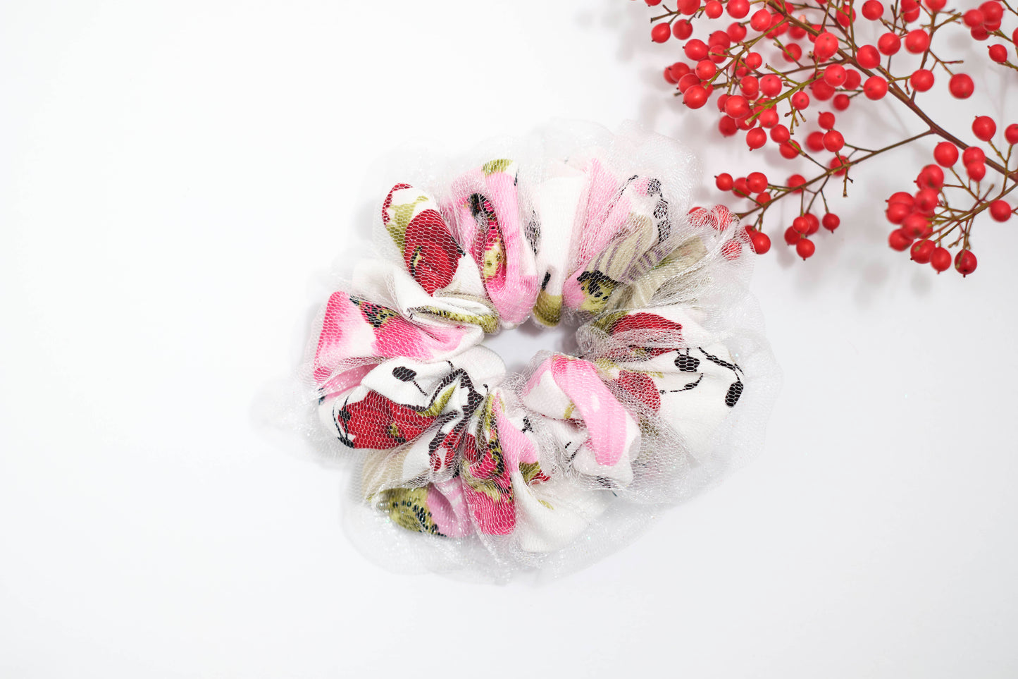 Floral Print Scrunchie with Sheer Mesh Overlay - Delicate Hair Tie
