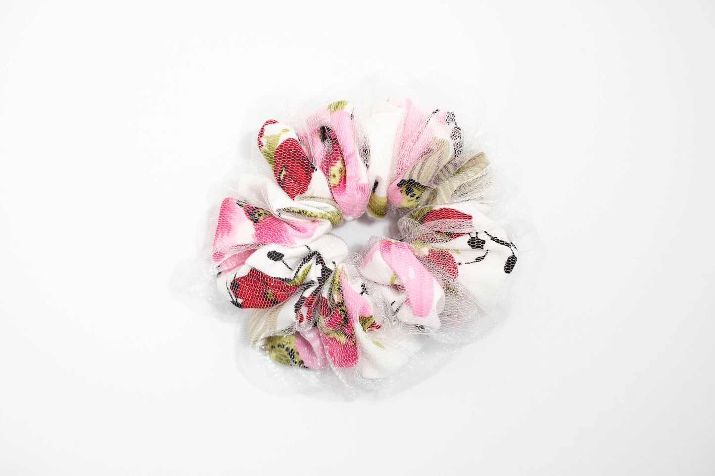 Floral Print Scrunchie with Sheer Mesh Overlay - Delicate Hair Tie