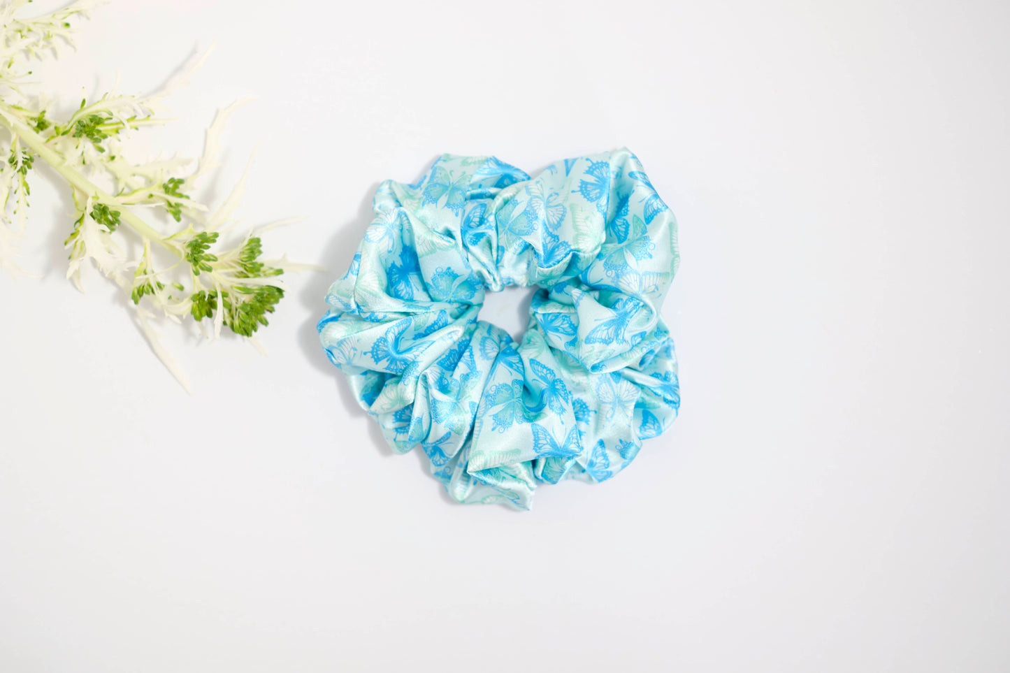 Light Blue Floral Print Scrunchie - Delicate Flower Hair Tie