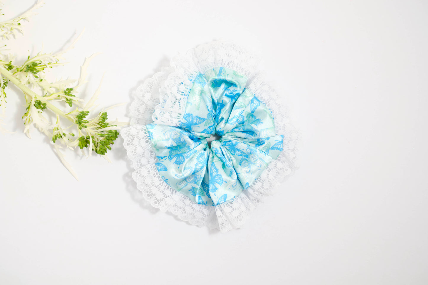 Light Blue Floral Scrunchie with White Lace Trim - Elegant Hair Tie