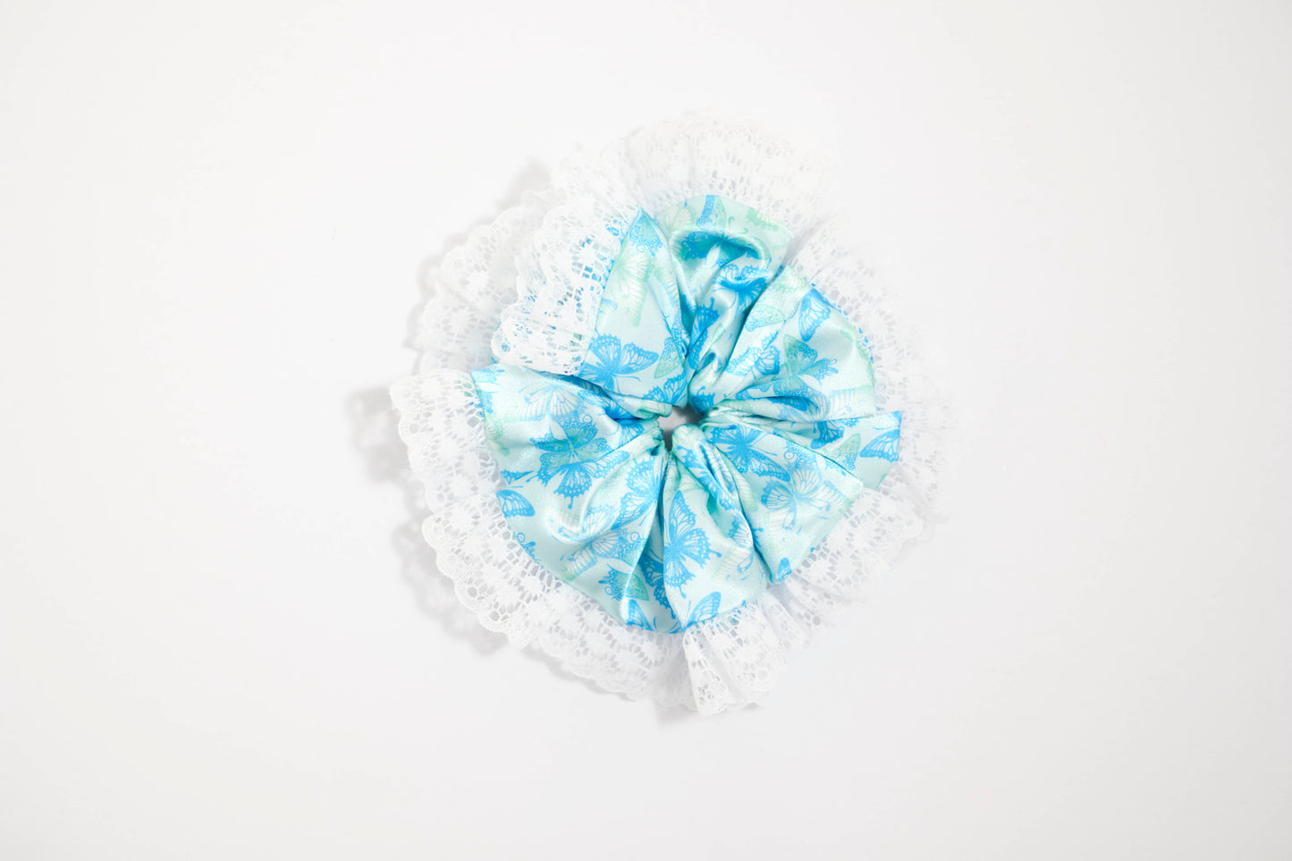 Light Blue Floral Scrunchie with White Lace Trim - Elegant Hair Tie