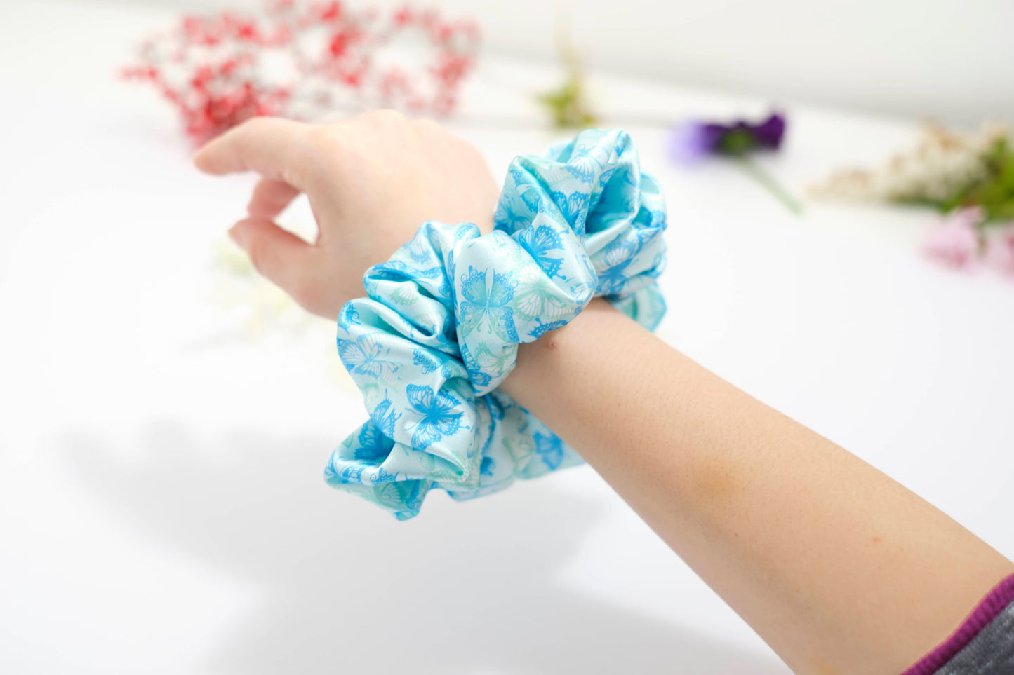 Light Blue Floral Print Scrunchie - Delicate Flower Hair Tie