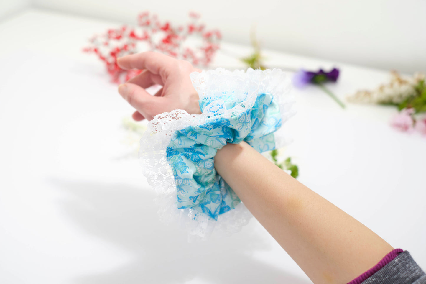 Light Blue Floral Scrunchie with White Lace Trim - Elegant Hair Tie