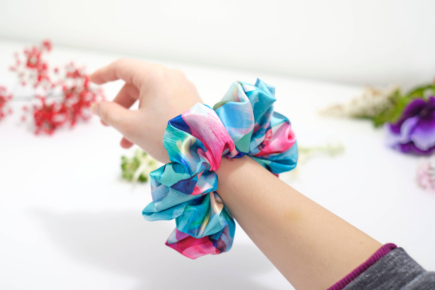 Abstract Watercolor Scrunchie - Colorful Satin Hair Tie