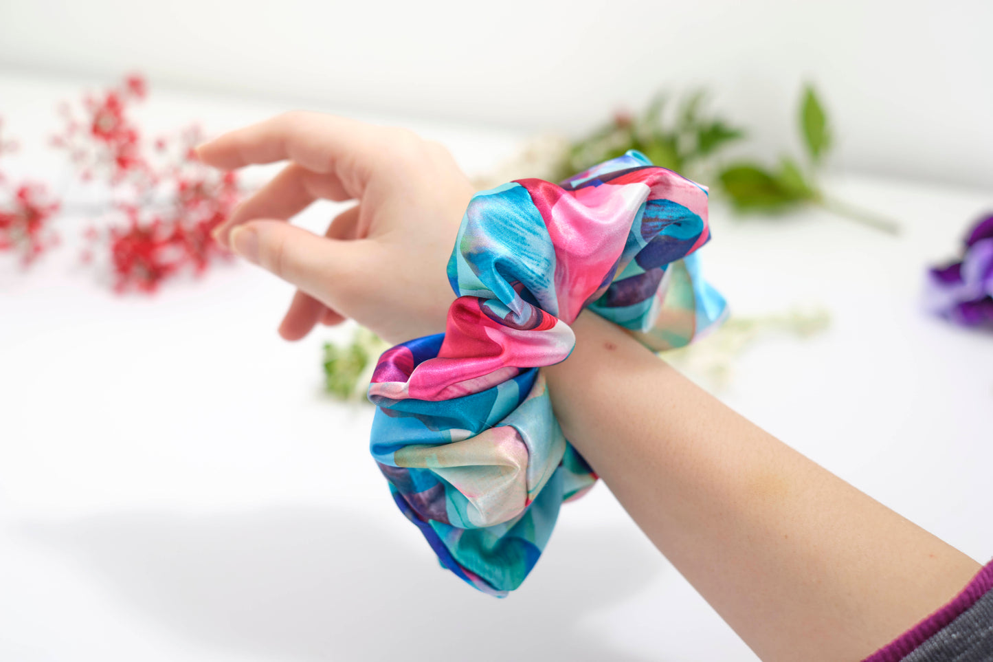 Abstract Watercolor Scrunchie - Colorful Satin Hair Tie
