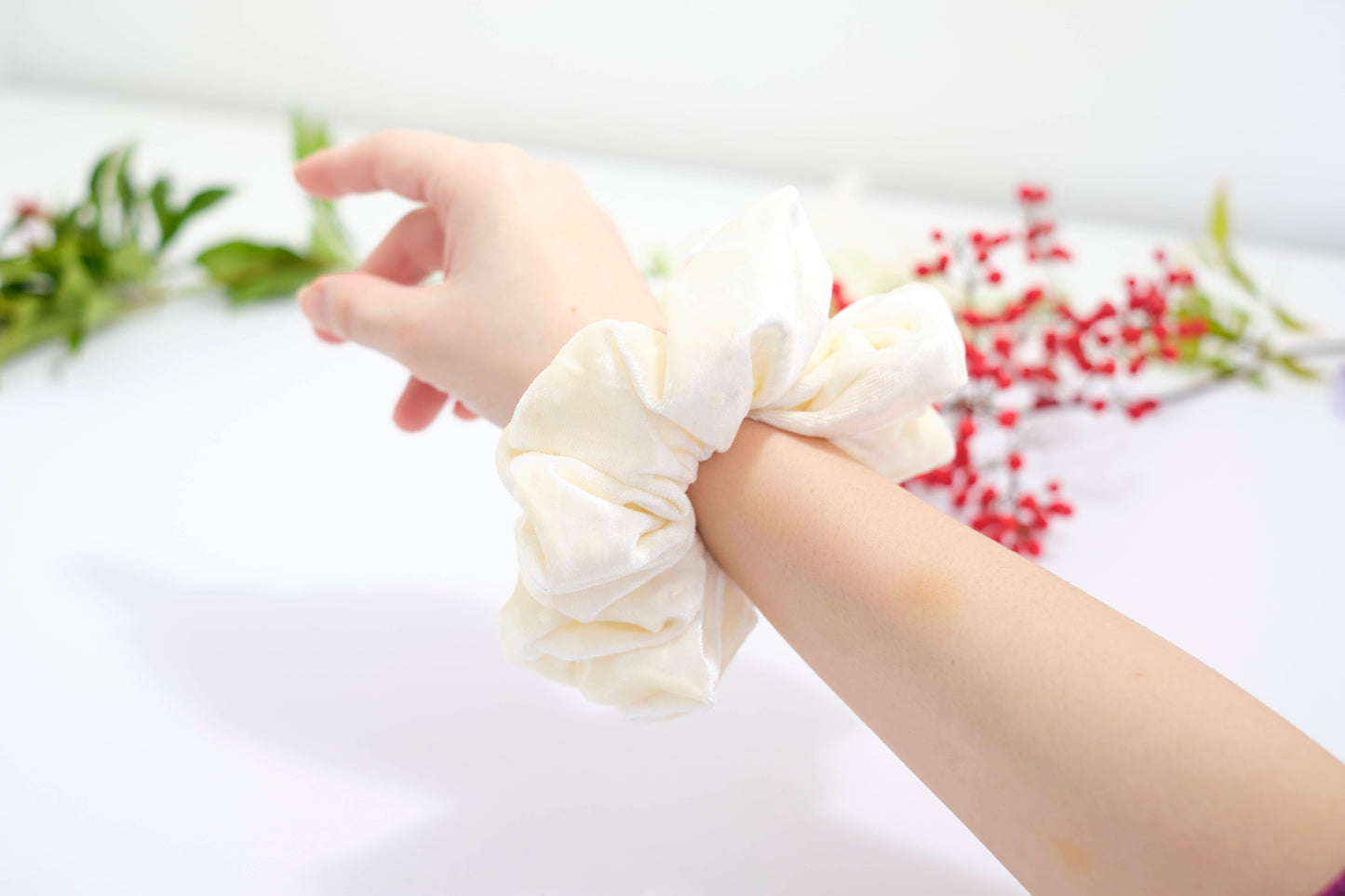 Ivory Velvet Scrunchie - Soft Plush Hair Tie