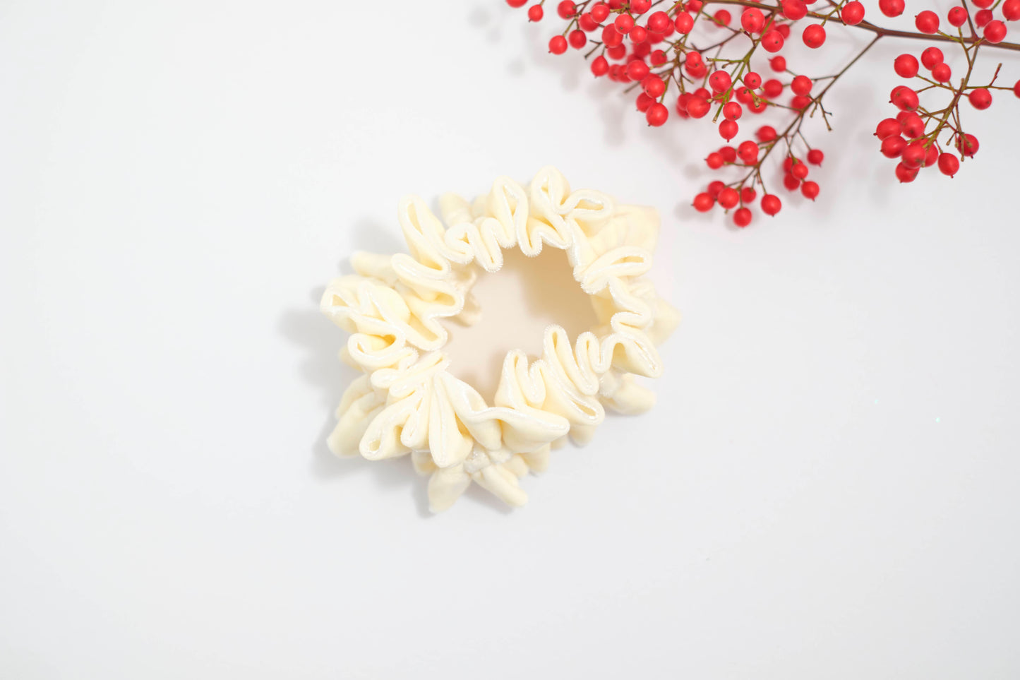 Ruffled Ivory Velvet Scrunchie - Soft Plush Hair Tie with Ruffles