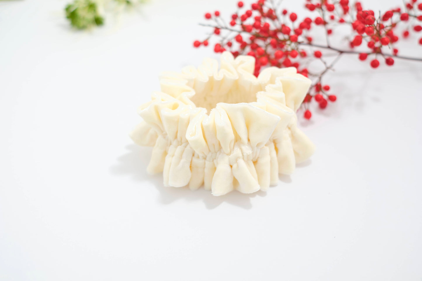 Ruffled Ivory Velvet Scrunchie - Soft Plush Hair Tie with Ruffles